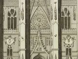 drawing of a large cathedral with a clock on the front of it
