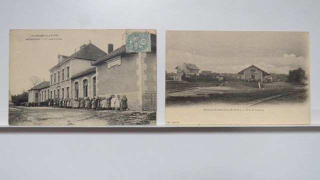 Mérinchal : Lot de 2cpa (TBE) : Les Écoles + Gare de Létrade (dos...