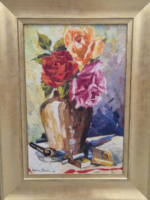 une peinture de fleurs dans un vase sur une table