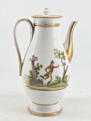 a white and gold coffee pot with a picture of a man on it