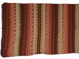 an orange and brown striped rug on a white background