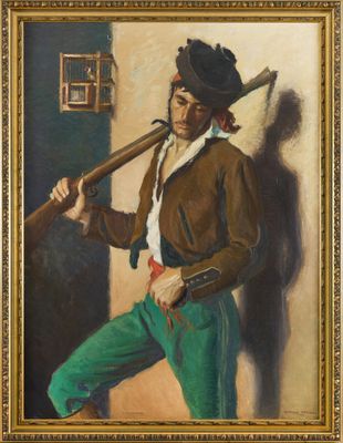 une peinture à l'huile représentant un homme tenant une batte de baseball près d'un mur