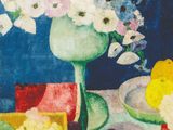 une image représentant un tableau avec des fleurs et des fruits sur une table