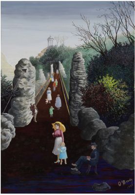 painting of a group of people standing on a bridge over a river