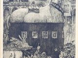 un dessin en noir et blanc représentant un cheval debout devant un bâtiment
