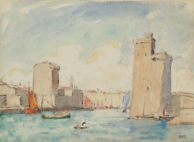 un tableau représentant un bateau sur l'eau près d'un château