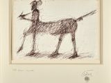 une image représentant un dessin d'un chien tenant un bâton dans la gueule