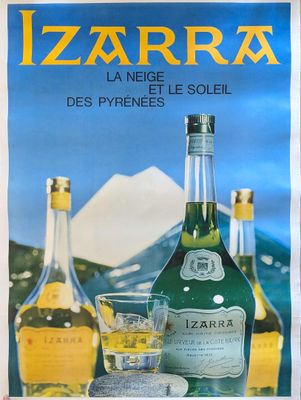 an advertisement for a bottle of liquor and two glasses on a table