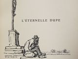 an old book with a drawing of a man kneeling on a cross