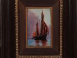 an oil painting of a sailboat with red sails floating on the water