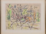 painting of a group of people riding horses in a field