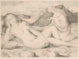 drawing of two nudes on the beach, one laying down