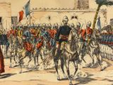 a drawing of a group of men riding on horses