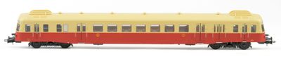 a yellow and red train car on a white background