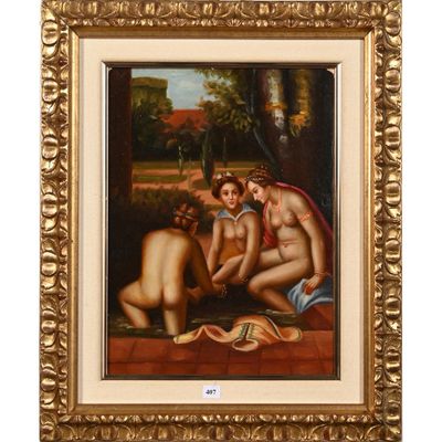 un tableau représentant trois nus dans un paysage arboré