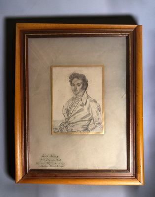 a drawing of a man sitting in a chair in front of a blue wall