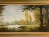an oil painting of a boat on a river in a wooded area