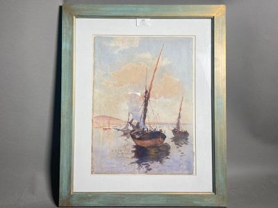 painting of a sailboat in the water with a sky in the background