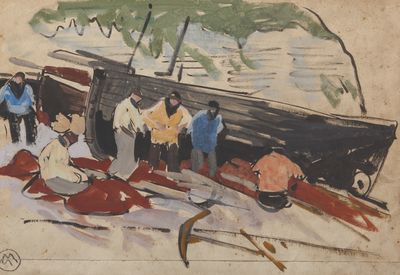 un tableau représentant un groupe de personnes rassemblées autour d'un bateau