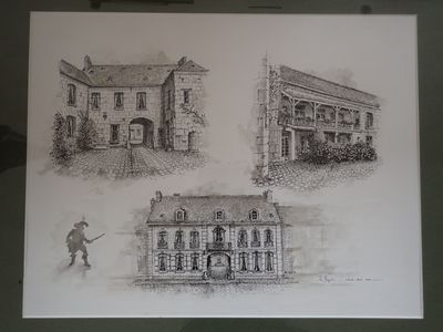 drawing of a drawing of a building and a man with a gun
