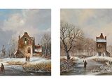tableau représentant un paysage hivernal avec une église en arrière-plan