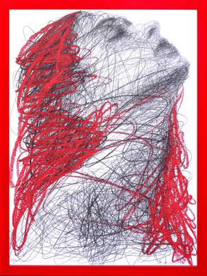drawing of a woman ' s face with red hair in a red frame
