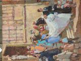 a painting of a bride and groom on the stairs