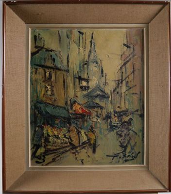 painting of a city street scene with people walking down the street