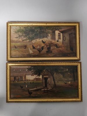 tableau représentant une scène de vie à la ferme avec des poulets dans une grange