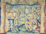 an image of a tapestry with a picture of a group of people in a room