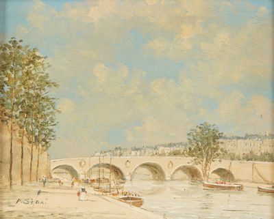 une peinture représentant un pont au-dessus d'une étendue d'eau