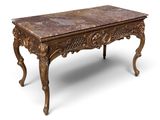 an old wooden table with a marble top on a white background