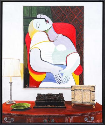 a painting of a woman holding a baby on a table