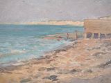a painting of a beach scene with a boat in the water