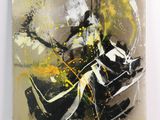 abstract painting of a man with a guitar on a white background