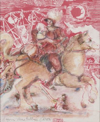 a drawing of a man riding a horse with a dog