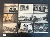 several old black and white photographs of people and a train