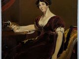 painting of a woman in a red dress sitting at a table with a cat