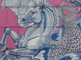 an image of a blue and white horse on a pink background