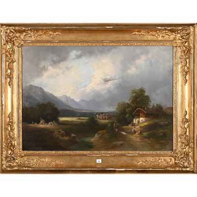 une image représentant un tableau représentant un paysage avec une maison au premier plan