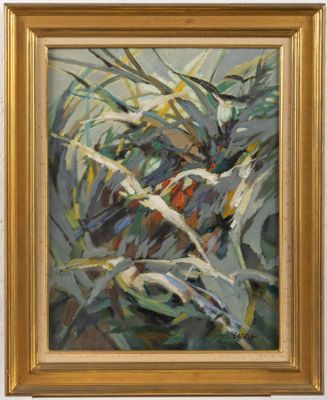 an oil painting of a plant in a gold frame on a white wall
