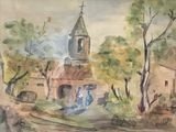 une aquarelle représentant une église avec un clocher