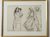 a black and white drawing of a woman holding a child