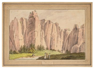 un tableau représentant un paysage de montagne avec des personnages debout au premier plan