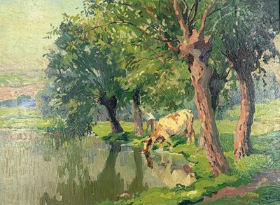 a painting of a cow grazing in a field by the water