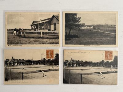 quatre vieilles photographies en noir et blanc représentant un court de tennis et un bâtiment