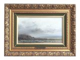 an oil painting of a landscape with a castle in the distance