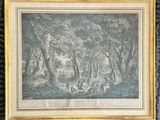 a framed picture of a wooded scene with sheep and trees