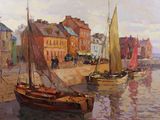 a painting of a harbor scene with boats in the water