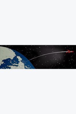 illustration représentant une navette spatiale survolant la Terre, avec une étoile en arrière-plan